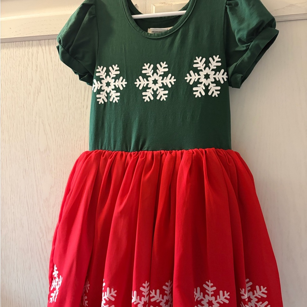 Girls Green and Red Snowflake Holiday Dress